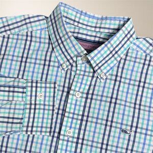 Vineyard Vines Men's L Blue Plaid Whale Shirt Cotton Button Down Preppy Academia